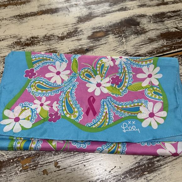 Lilly Pulitzer 100% Silk Scarf Paisley Butterfly Pink Ribbon Breast Cancer 56” - Picture 7 of 9
